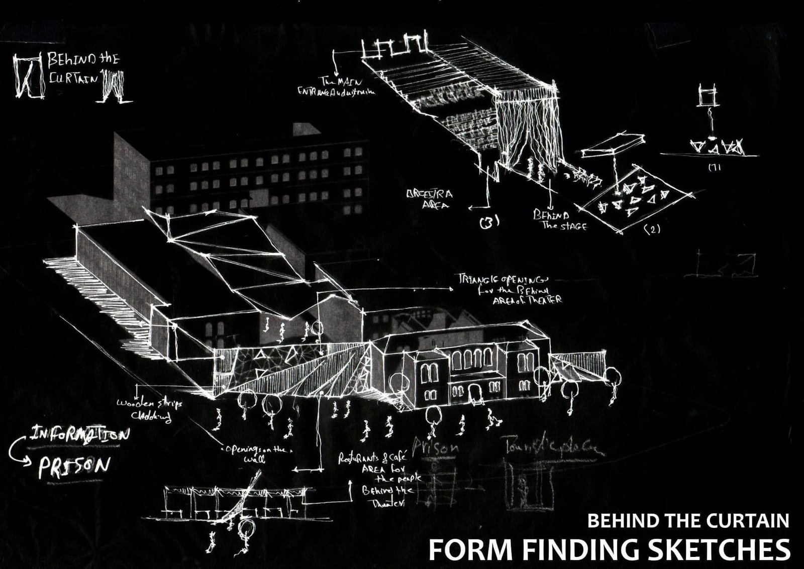 White-on-black form-finding sketches for Behind the Curtain, combining theater ideas and an existing building.