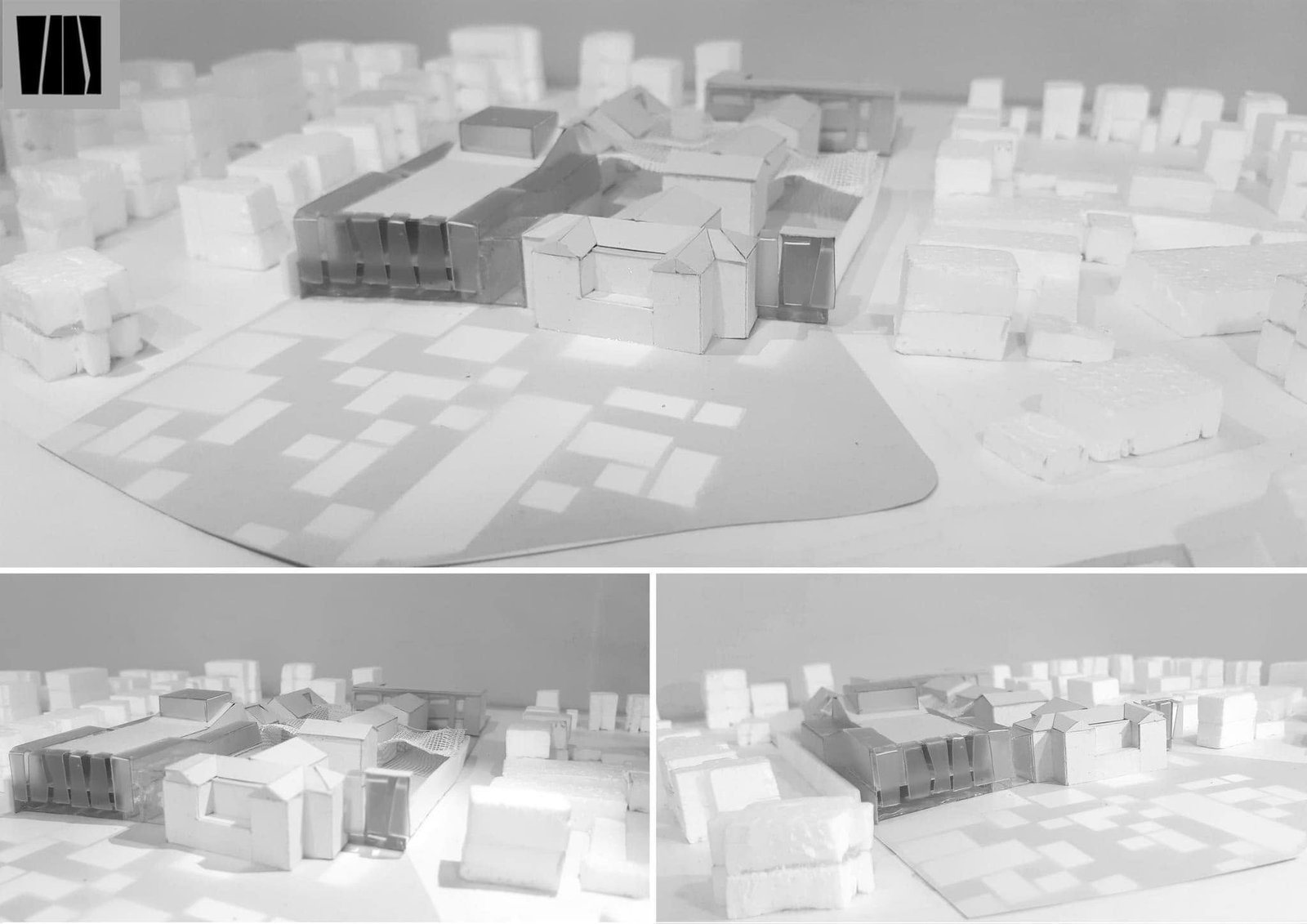 Composite photographs of a physical Naumburg Theater model within a white urban context model.