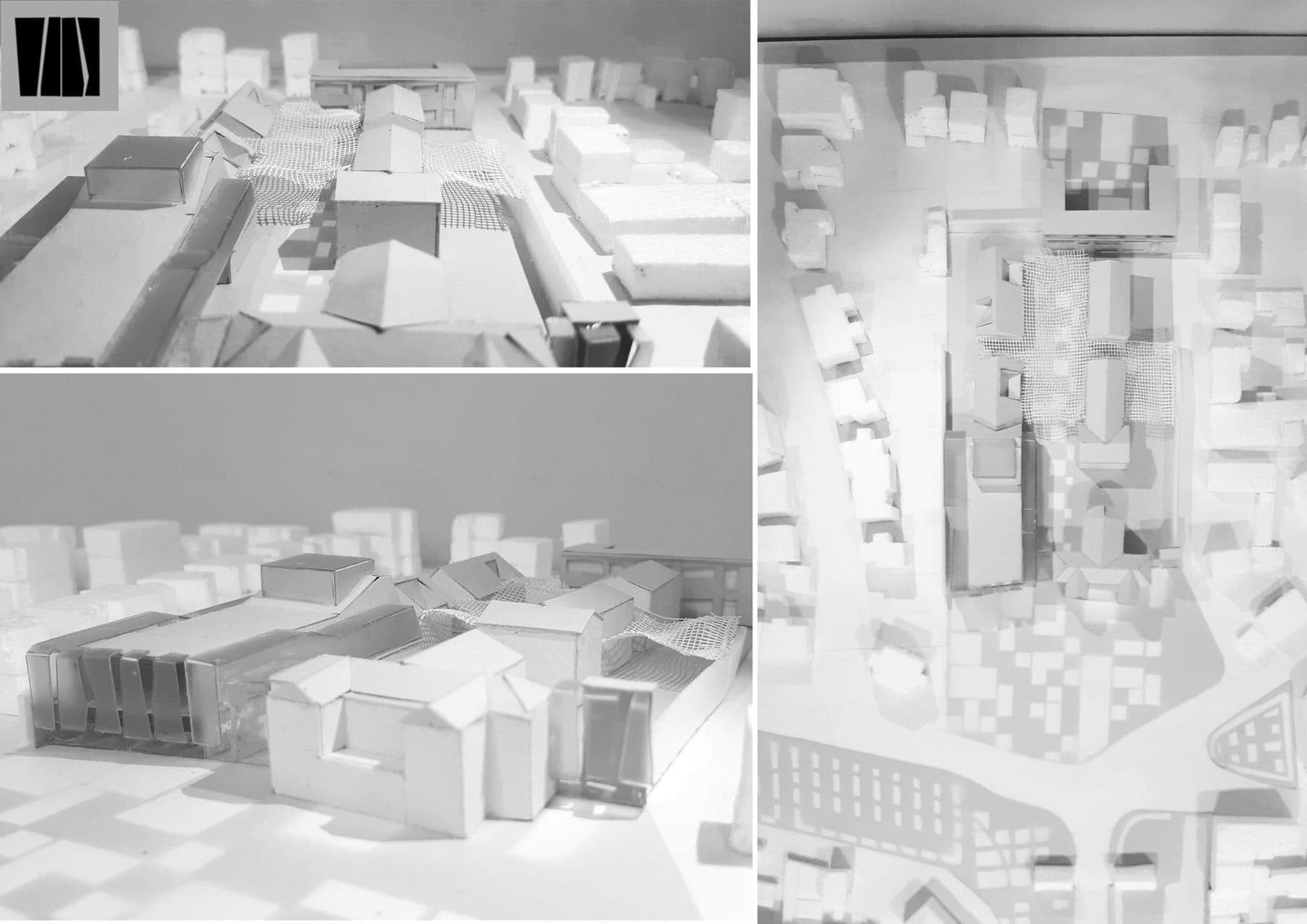 Naumburg Theater model study shown in oblique and overhead views among surrounding buildings.