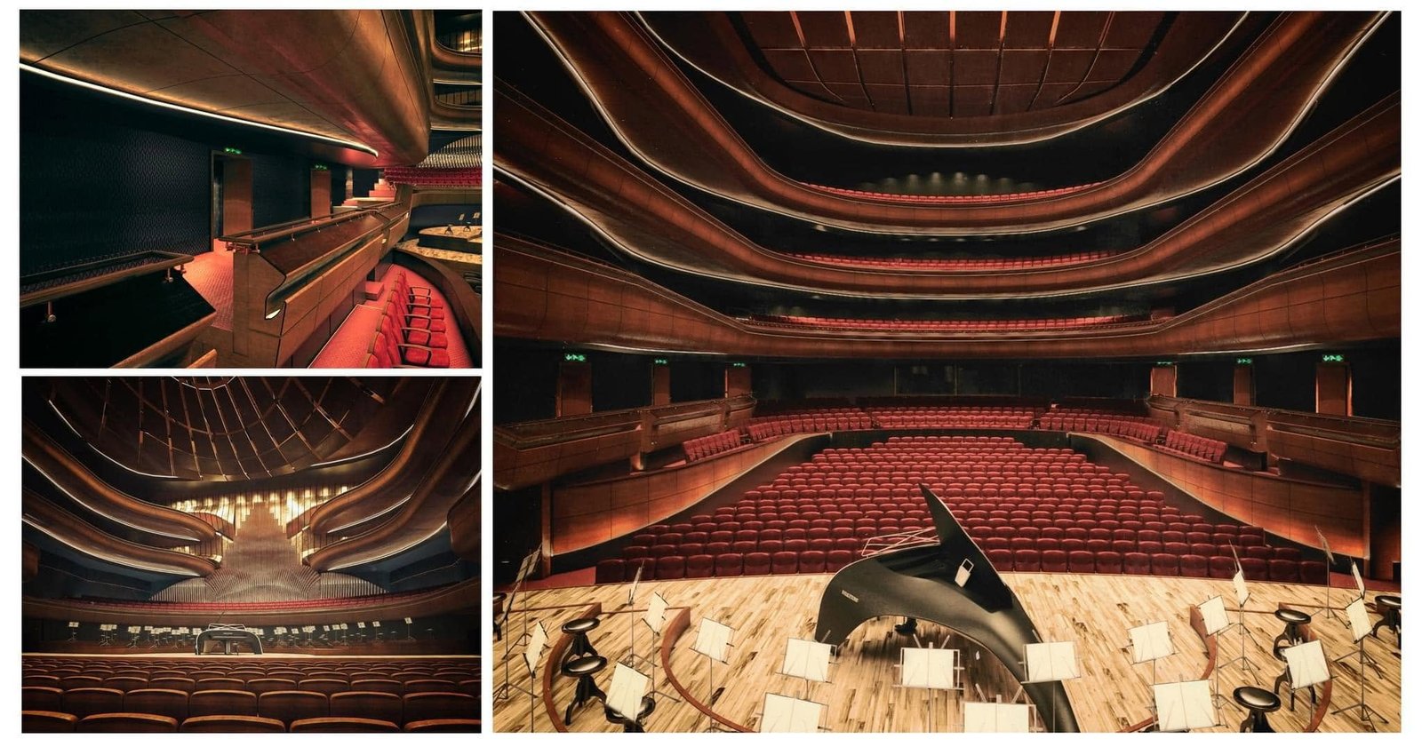 Composite visualization of Vilnius Concert Hall auditorium seating, curved balconies and a performance stage.
