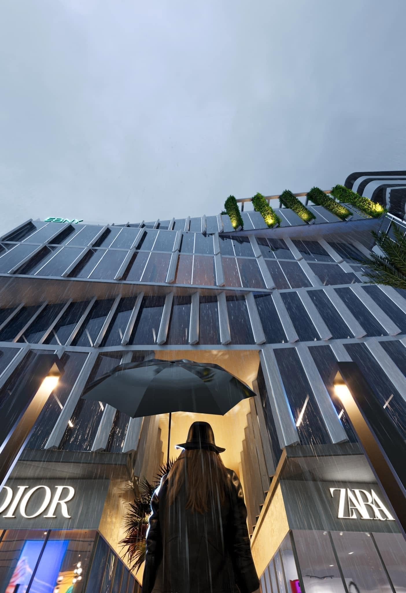 Upward view of Blue Rain Center showing facade louvers, floor edges and planted balconies.