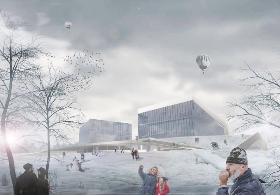 Vilnius Concert Hall visualization with two glazed hall volumes and people in a winter landscape.