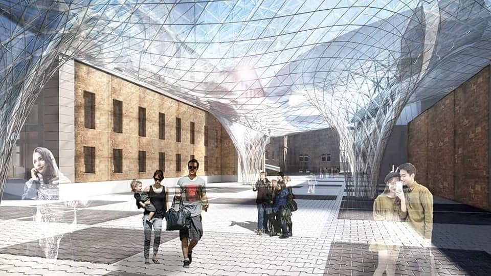 Naumburg Theater courtyard visualization with brick walls and a flowing transparent lattice canopy.