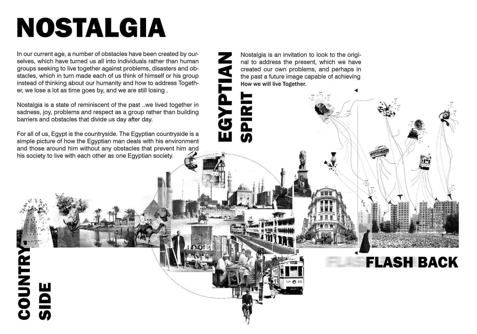 Nostalgia concept board combining Egyptian cultural imagery, architectural collages and an explanatory statement.