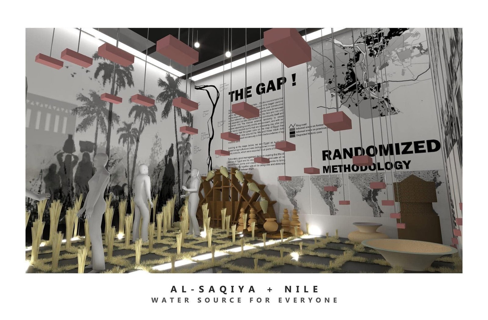 Nostalgia exhibition visualization combining rural figures, a waterwheel image and explanatory wall graphics.