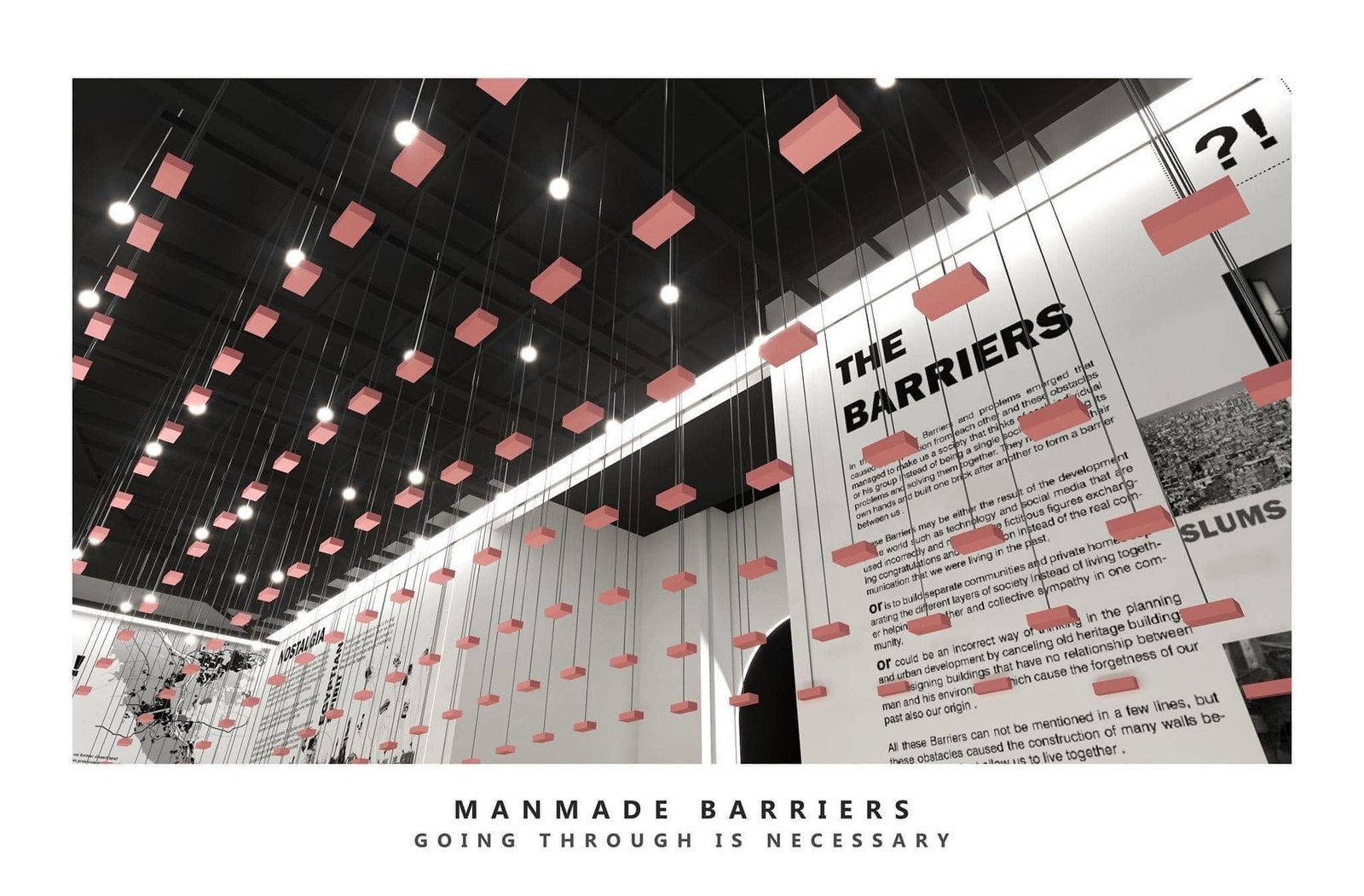 Exhibition wall visualization with explanatory panels and suspended red blocks in the Nostalgia proposal.