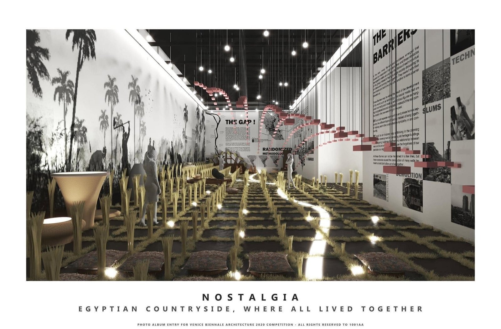 Nostalgia exhibition visualization with rural imagery, suspended red elements and a patterned floor.