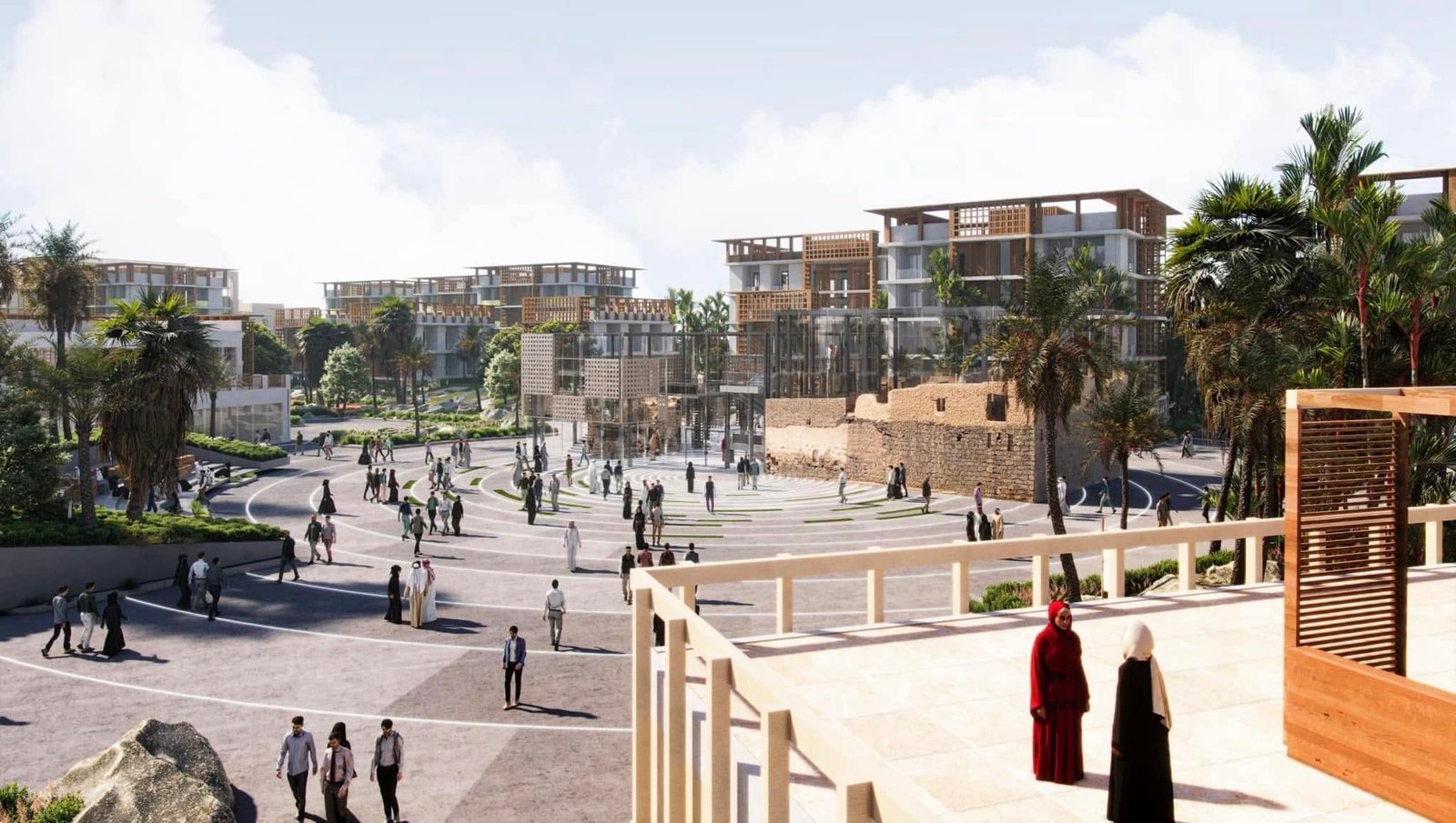Nawat Al-Madinah visualization of a public square with pedestrians, historic masonry and new buildings.
