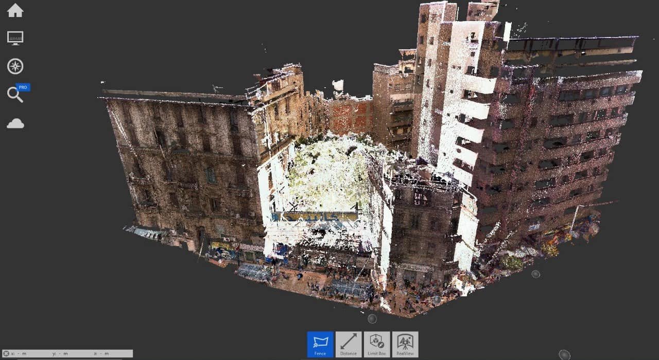 Oblique digital three-dimensional view of the La Pensione heritage building and adjacent urban structures.