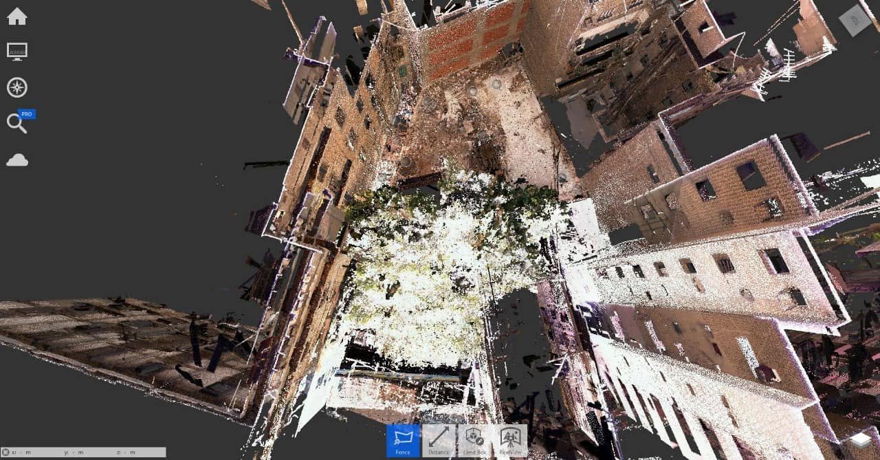 Rotated overhead digital model view showing the La Pensione site within surrounding buildings.