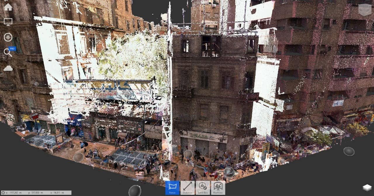 Street-facing digital model view of the La Pensione heritage facade and neighboring buildings.