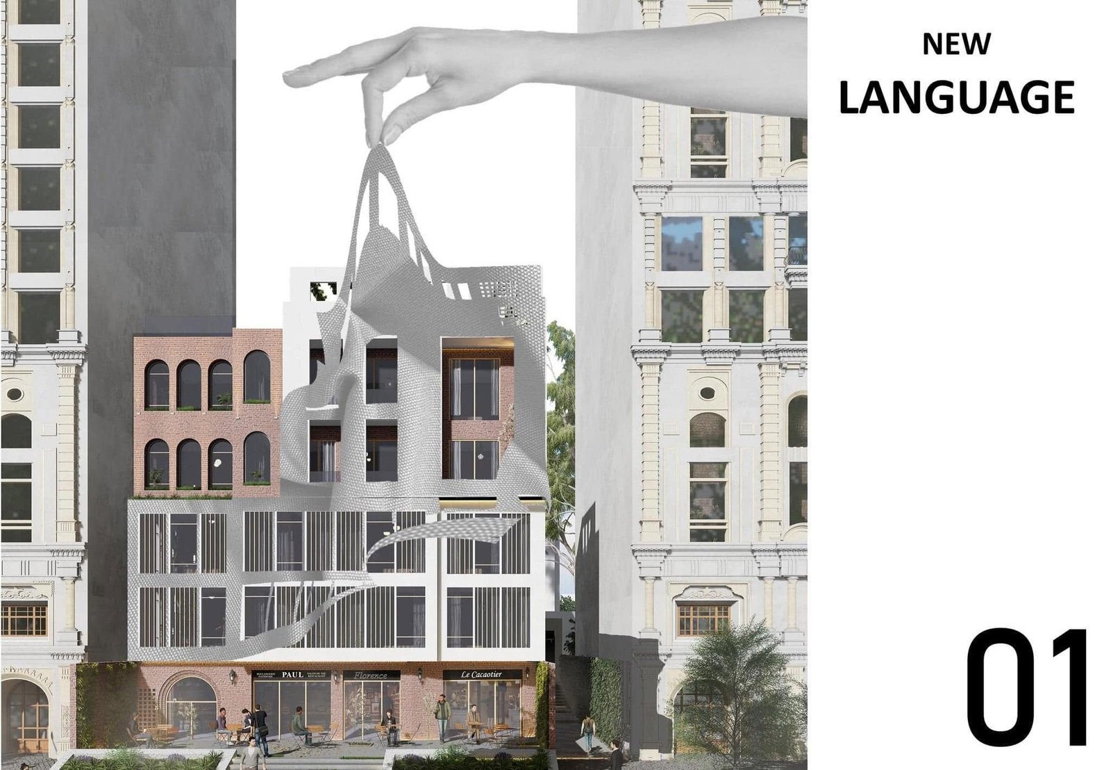 Nisida concept collage combining a street facade, a hand-held architectural model and the words New Language.