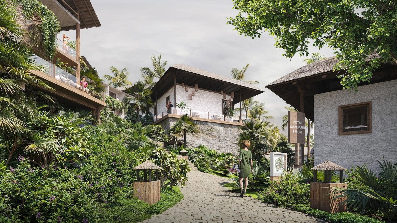 Royal Mandarin Resort visualization with stone buildings, shaded terraces and a planted garden path.