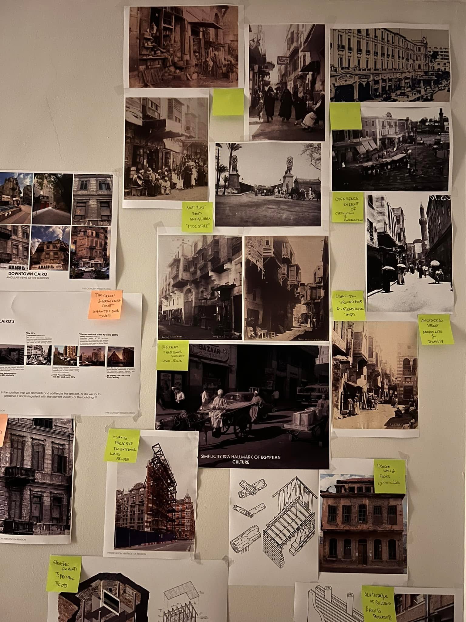 Vertical detail of the La Pension research wall with Cairo street photographs, building studies, axonometric sketches and colored notes.