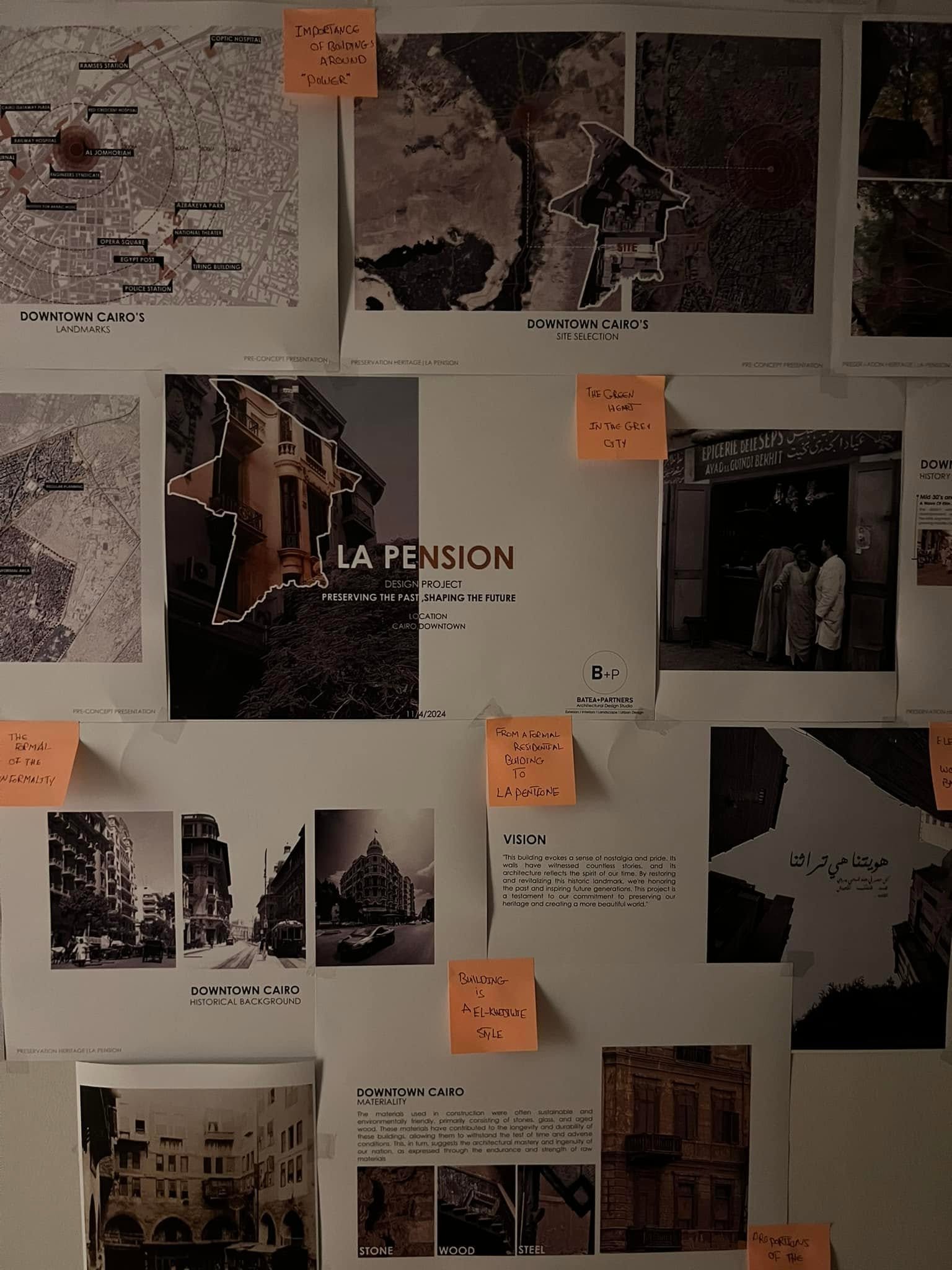 Close view of a La Pension project sheet beside Downtown Cairo maps, architectural references and handwritten orange notes.