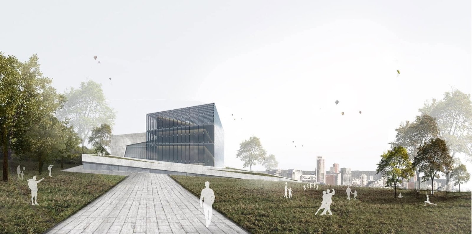 Vilnius Concert Hall rendering with a glazed hall volume, sloping landscaped base, paved approach and a distant city skyline.