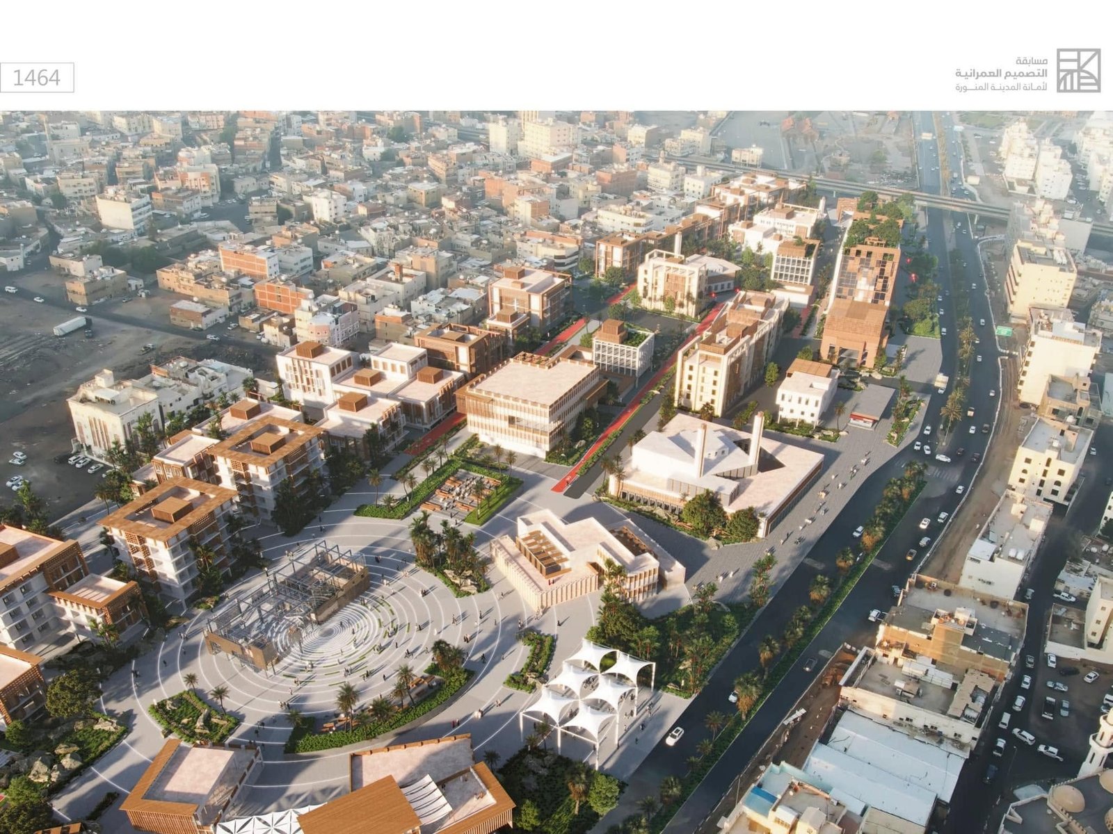 Nawat Al-Madinah redevelopment visualization showing a central public plaza, mosque, planted streets and screened building blocks within the existing city.