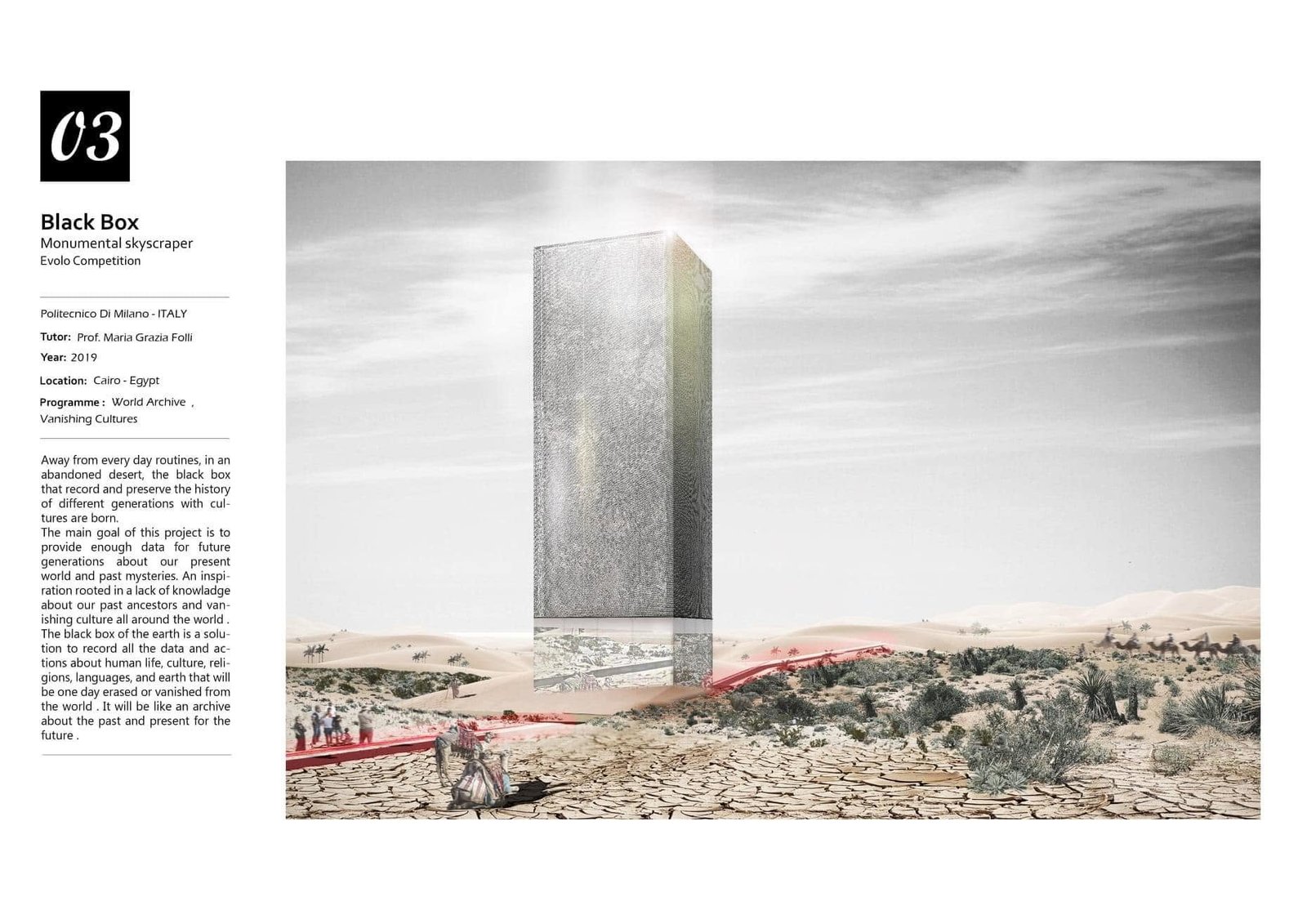 Black Box 2019 presentation sheet with a tall rectangular tower in a desert landscape and text describing an archive for vanishing cultures.