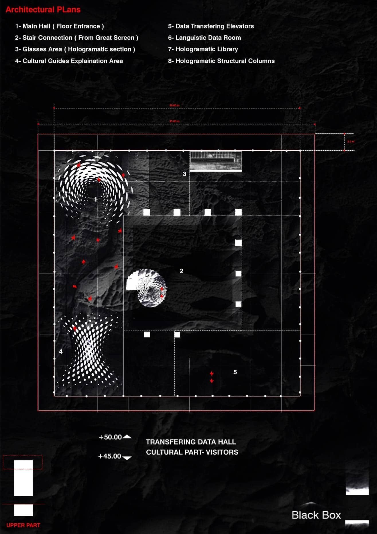Black Box architectural plan on a black background, showing circulation arrows and labeled conceptual archive and visitor spaces.