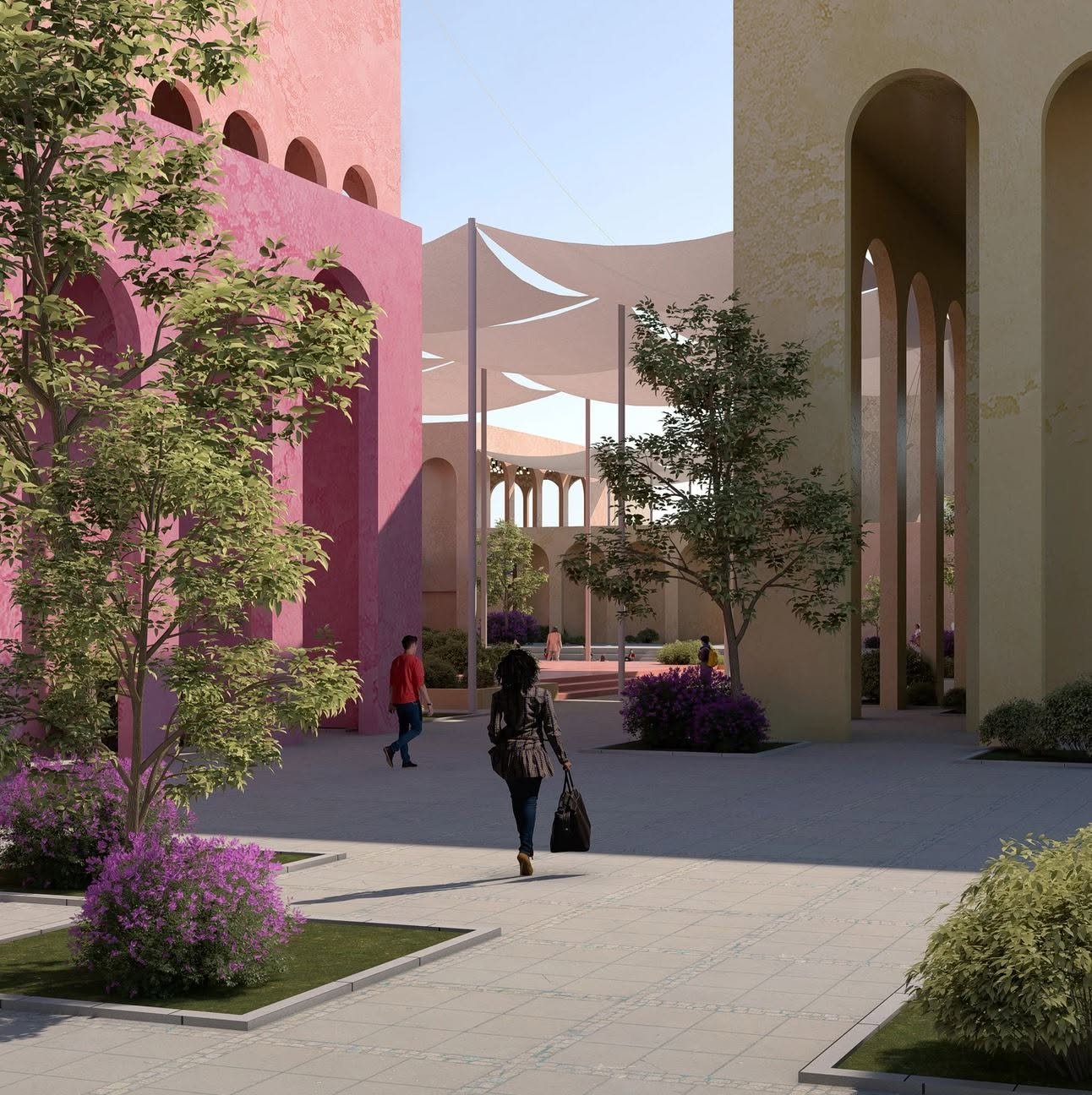 Youth center courtyard rendering with pink and yellow arched facades, shade sails, planted beds and pedestrian paths.