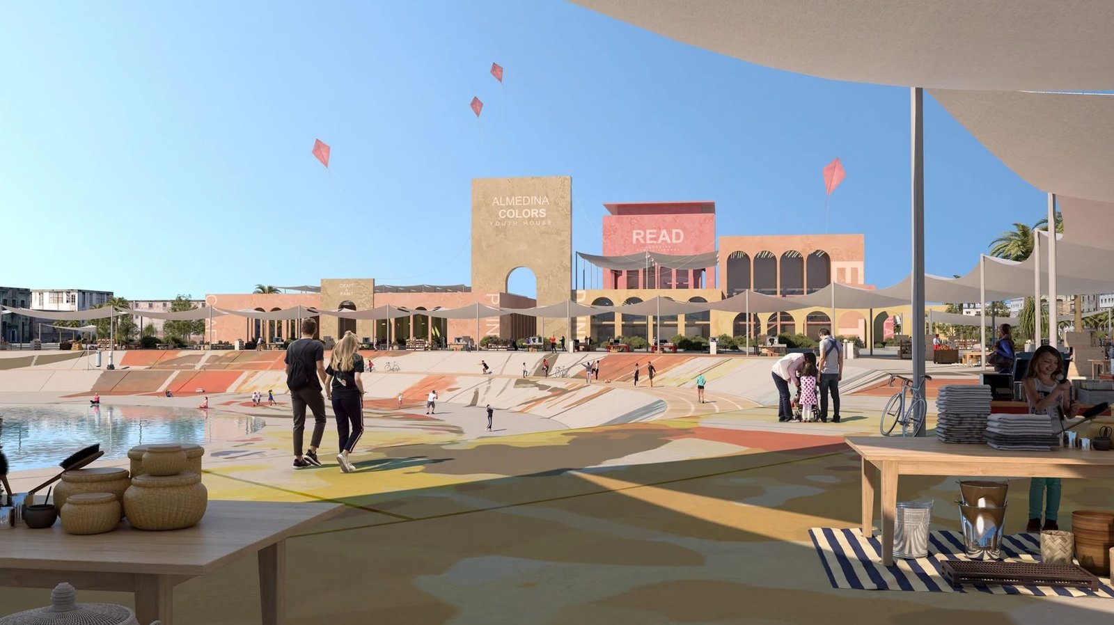 Colors of the City youth center rendering with colorful plaza surfaces, shaded canopies, arched buildings and a waterside gathering space.