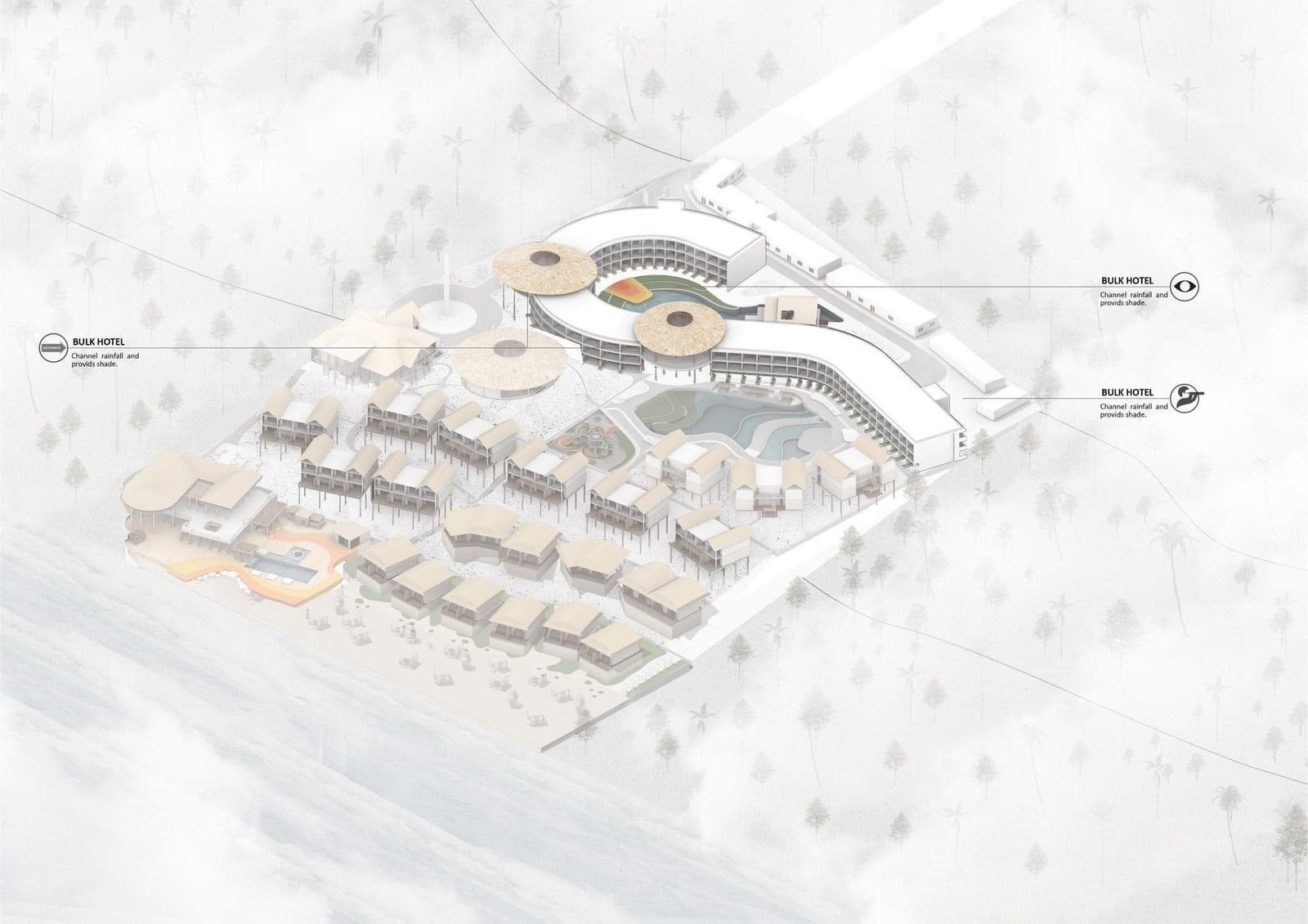 Resort massing diagram highlighting two curved hotel wings with circular roof forms around the pools.