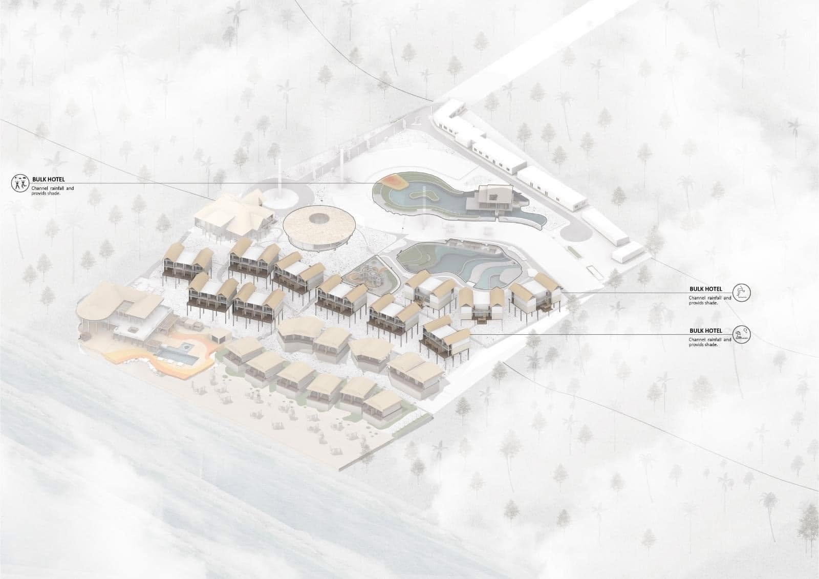 Axonometric form generation study adding raised accommodation clusters, circular pavilion and landscaped pool areas.