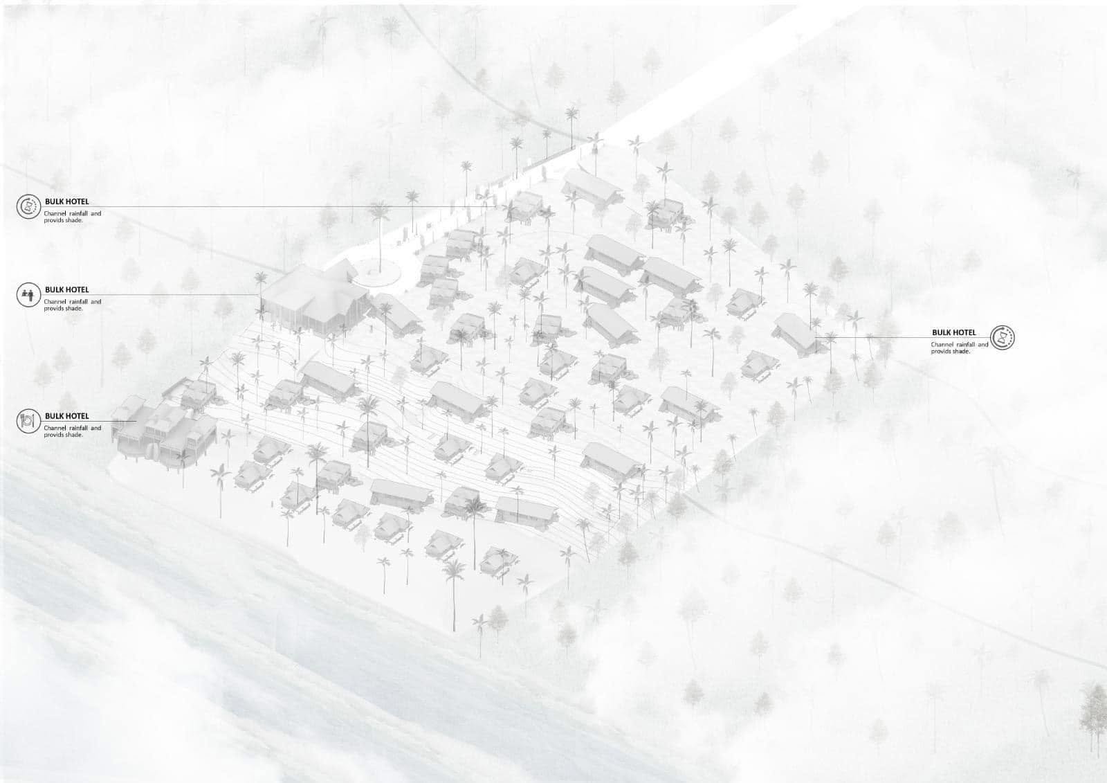 Pale axonometric resort site diagram showing hotel buildings, dispersed villas, paths and palm trees.