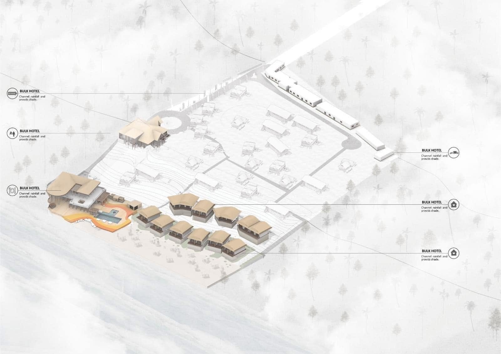 Resort axonometric development diagram highlighting roofed villas, shared buildings, pool and connecting paths.