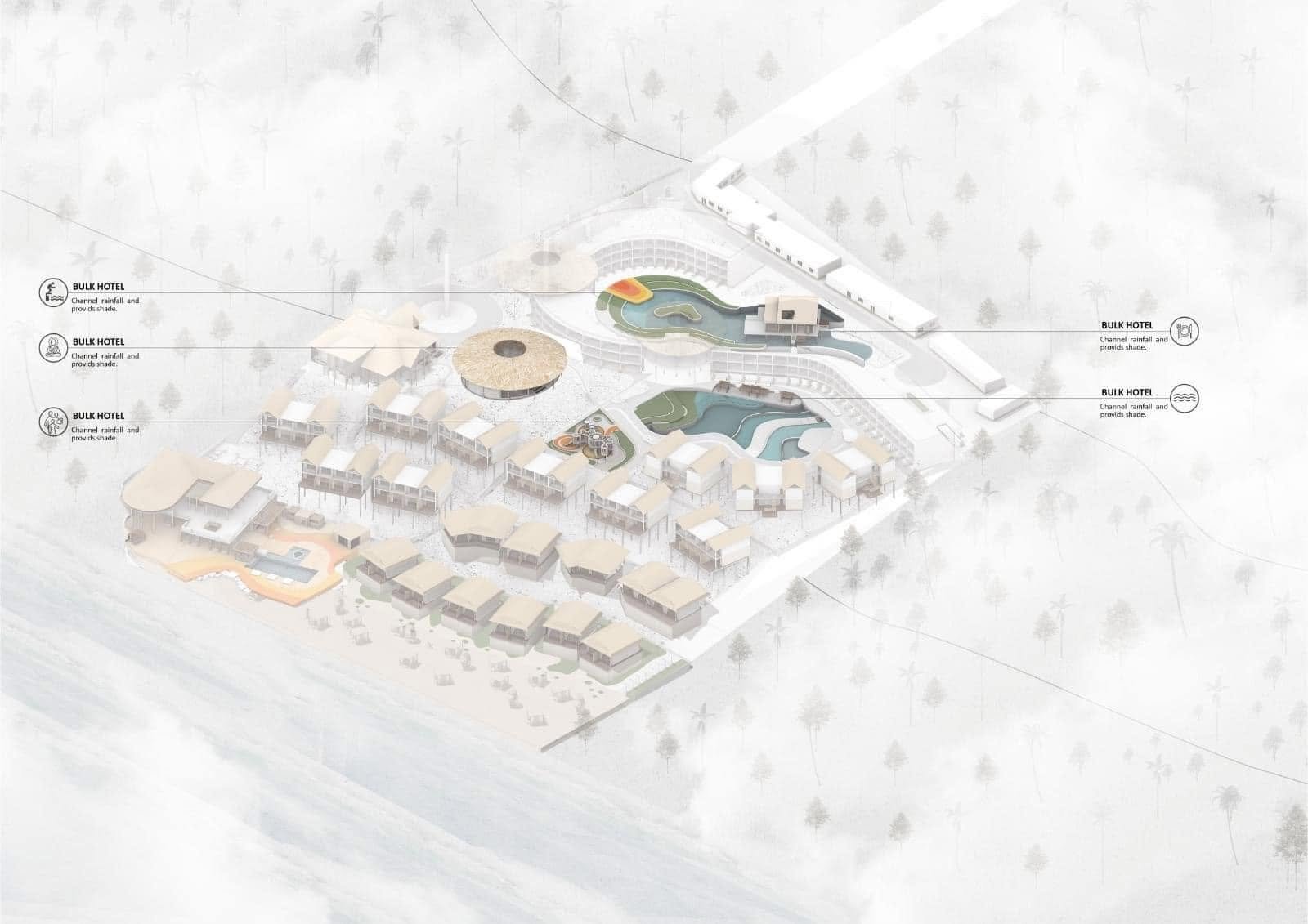 Royal Mandarin Resort form study showing curved hotel blocks around pools and a cluster of roofed villas.