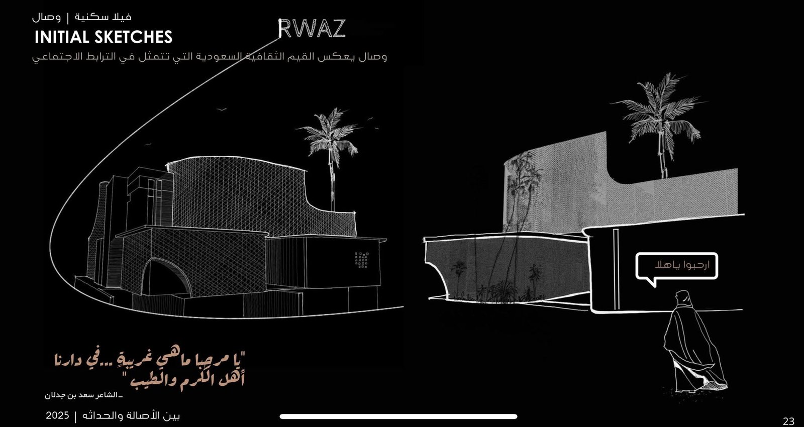 Wesal initial-sketches sheet with white line drawings of patterned facade volumes, an arched opening, palms, and Arabic annotations.