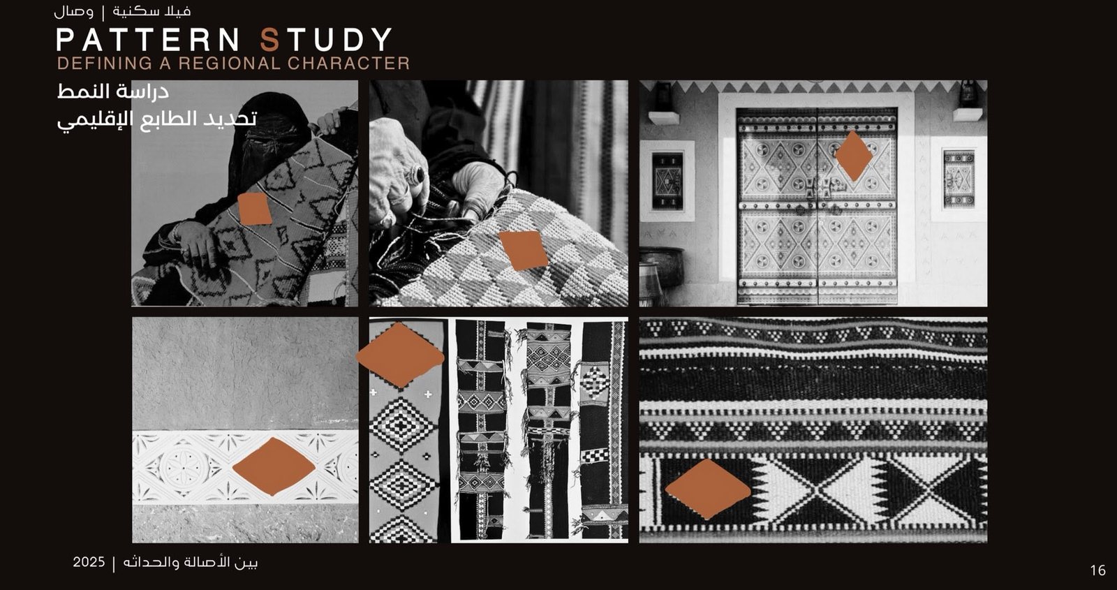Wesal Pattern Study sheet with photographs of woven textiles, decorative doors, and wall patterns, highlighting diamond motifs.