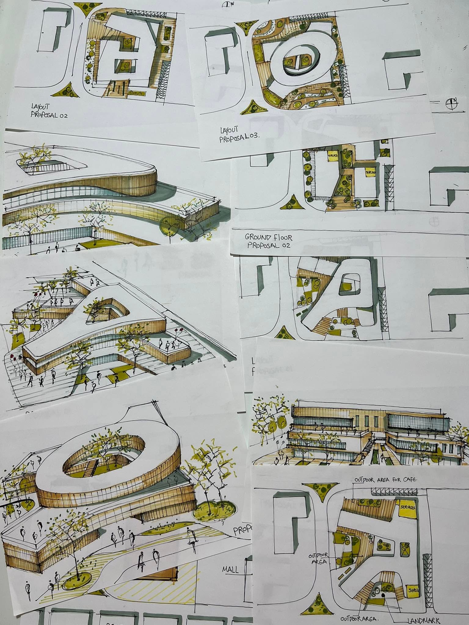 Cairo mall form-finding sheet with multiple hand-drawn layout options and perspective studies in yellow, green, and grey.