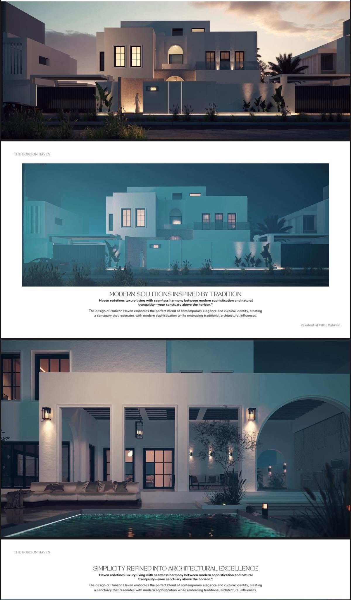Horizon Haven vertical presentation sheet combining villa front and courtyard renderings with design-theme captions.