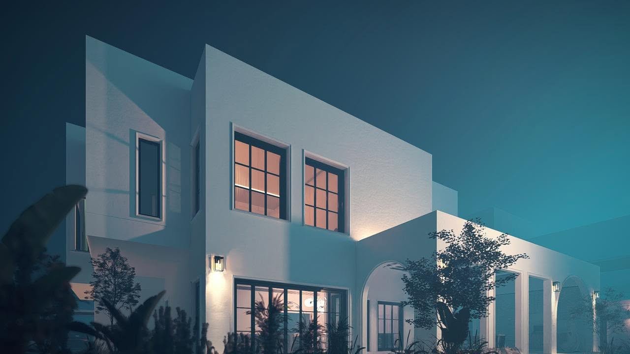 Horizon Haven close architectural rendering of white villa volumes, framed windows, an arched passage, and nighttime landscape planting.