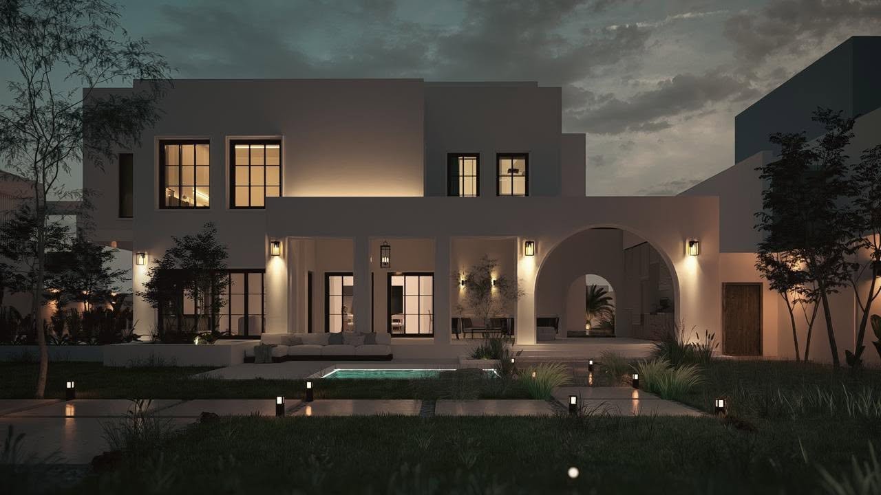 Horizon Haven dusk rendering of a villa courtyard with an arched passage, illuminated windows, planting, and a small pool.