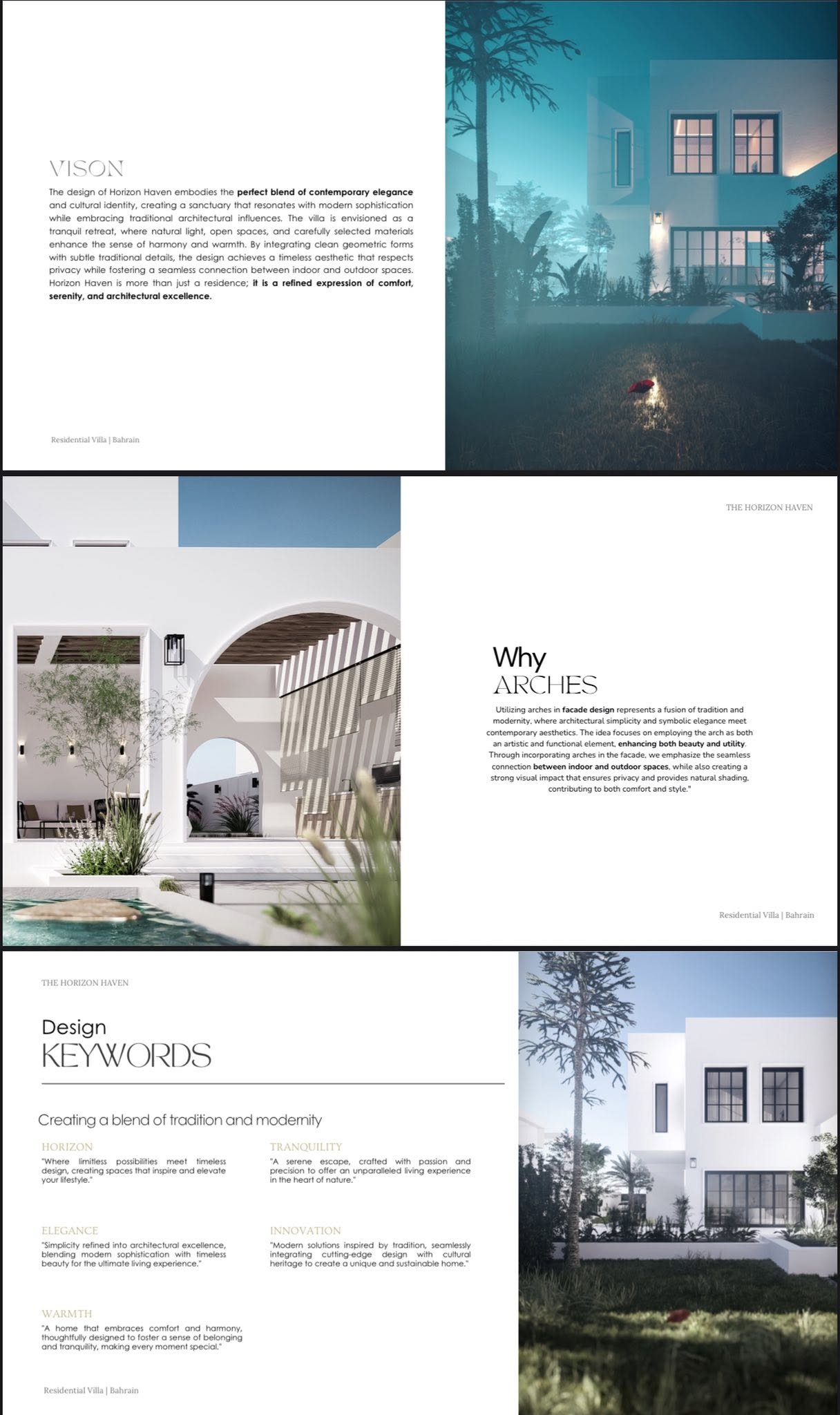 Horizon Haven presentation sheet with villa images, a vision paragraph, Why Arches text, and a design-keywords section.