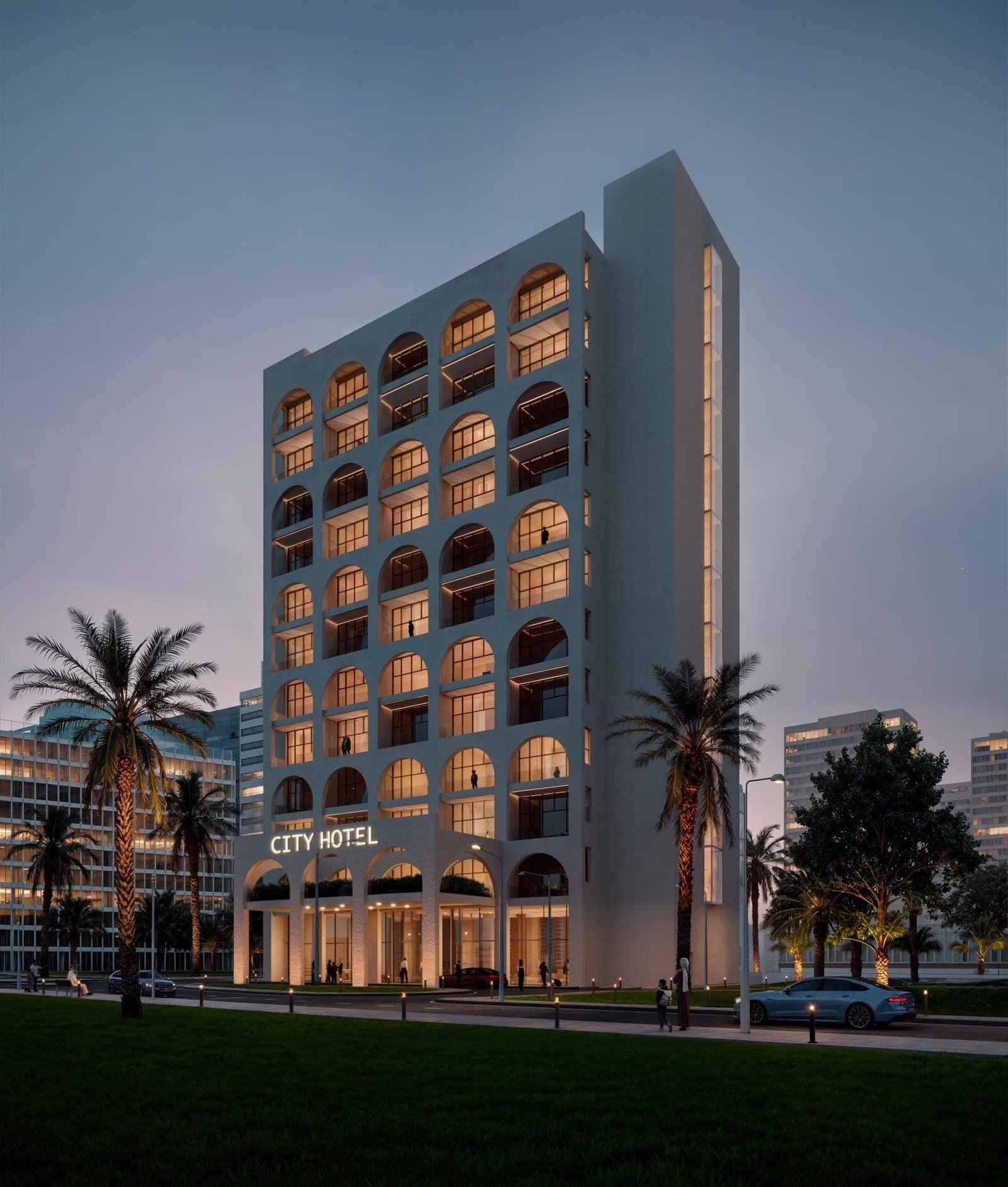 City Hotel Bahrain dusk rendering of a tall facade with repeated arched openings, illuminated windows, palms, and a street frontage.