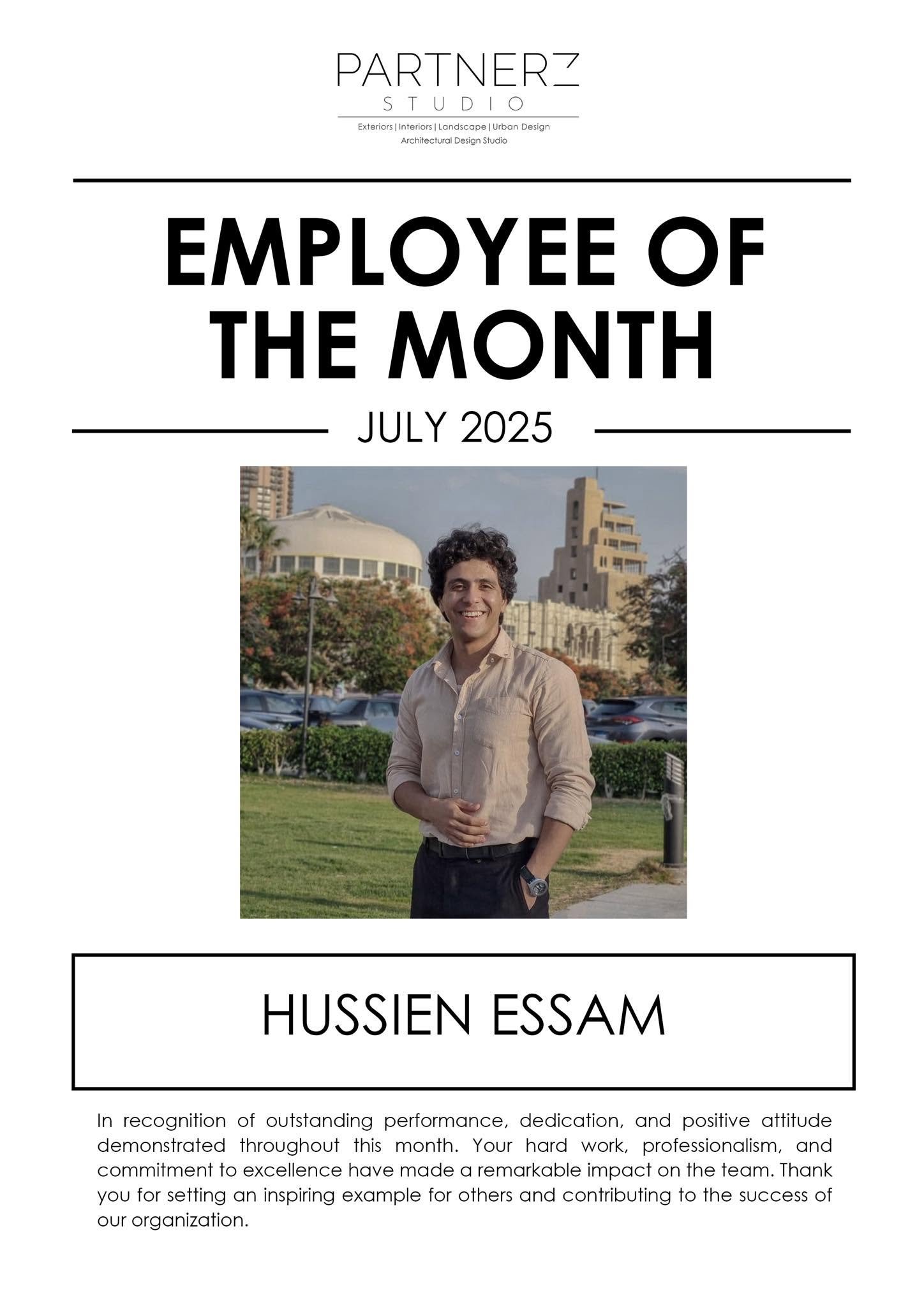 Partnerz Employee of the Month artwork naming Hussien Essam for July 2025, with his portrait and a recognition message.