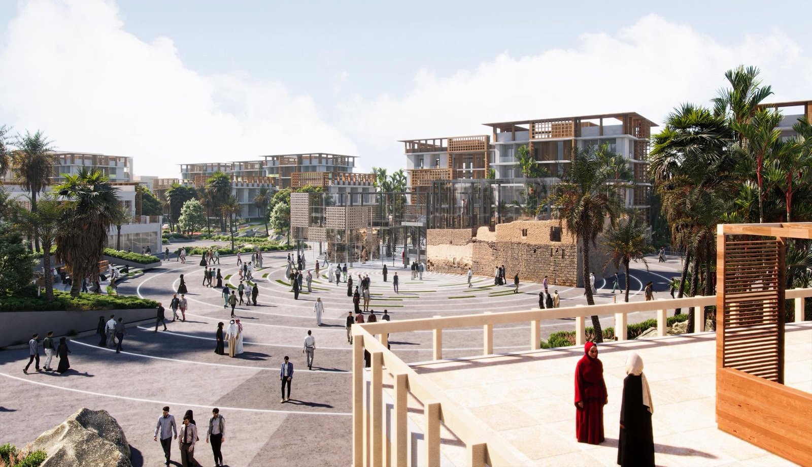 Architectural rendering of a landscaped public plaza with palm trees, curved paving, low-rise buildings, and a stone wall.