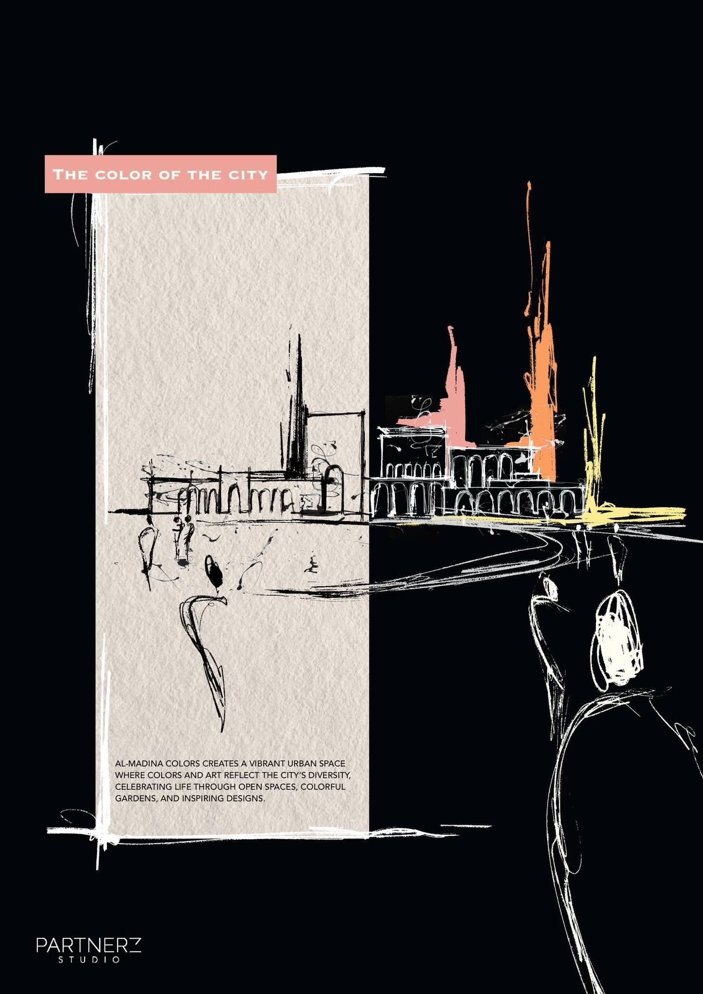 Colors of the City concept artwork with a sketched public space, arched building edges, tall coloured accents, and a text panel.