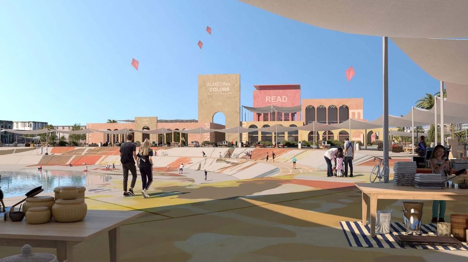 Colors of the City rendering of a colourful public plaza with sloped paving, shade canopies, arched building fronts, and people.