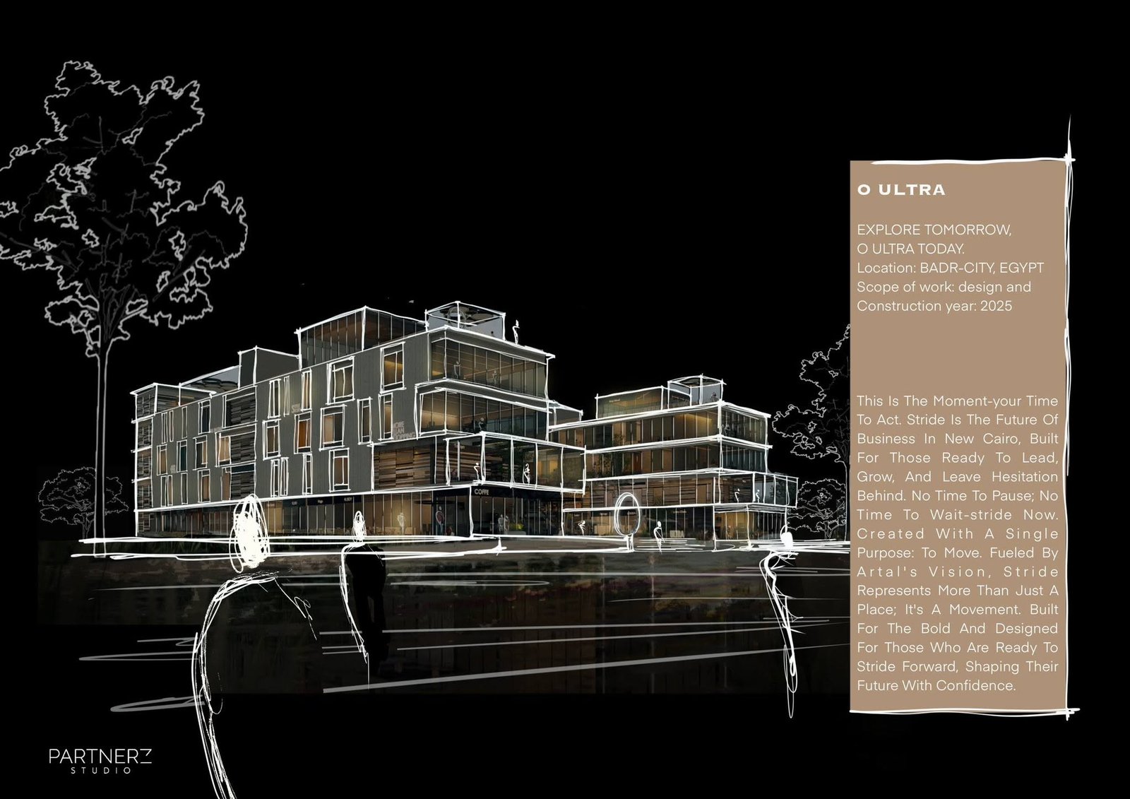 O Ultra presentation sheet with a stepped commercial-building perspective, white sketch overlays, and a Badr City label.