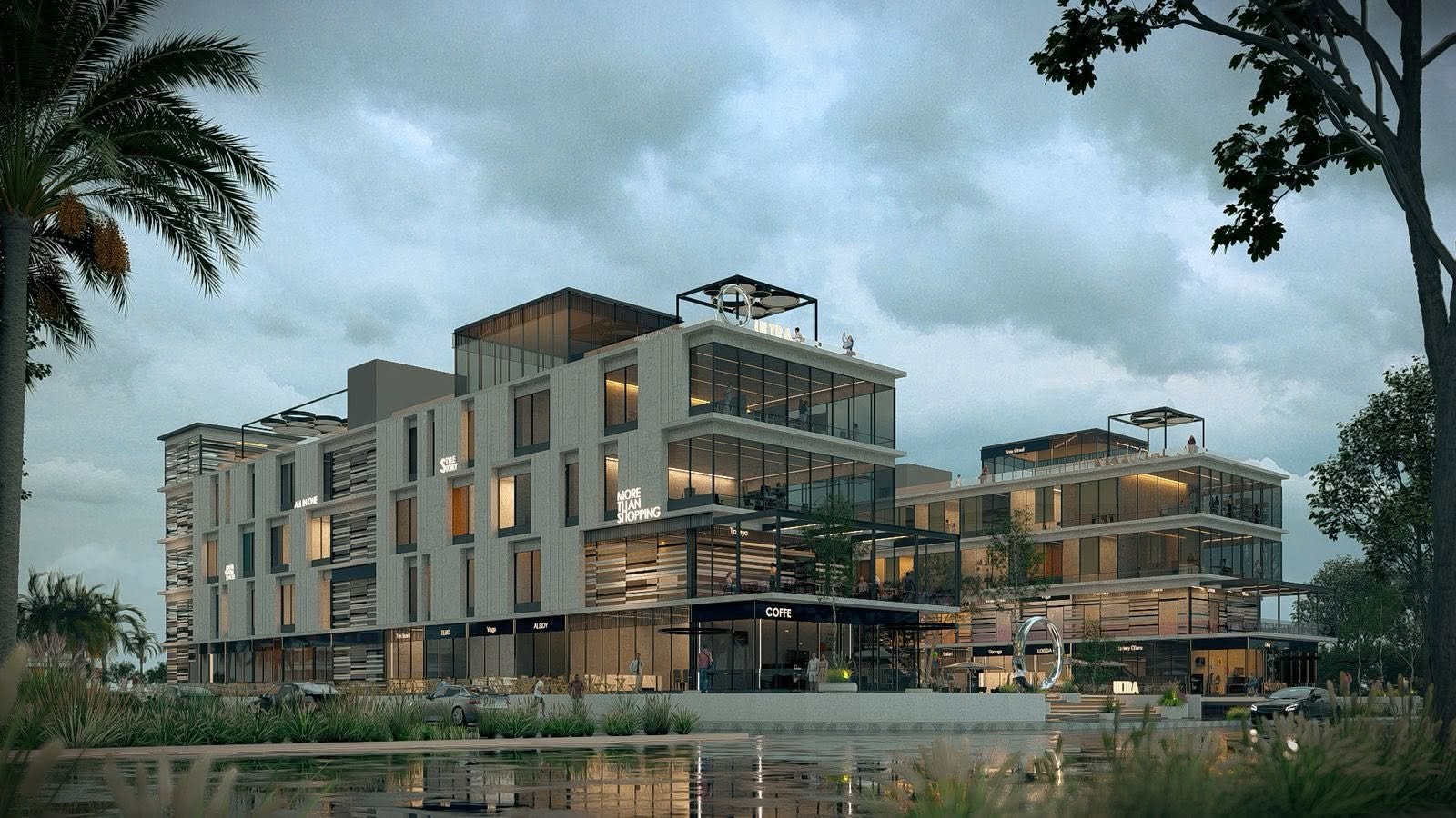 O Ultra Mall rendering of stepped glazed commercial volumes, planted edges, a plaza, and illuminated shopfronts.