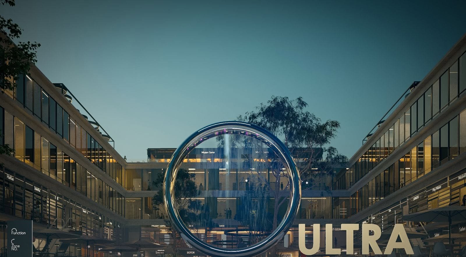 O Ultra Mall courtyard rendering with a large circular water feature, ULTRA letters, and surrounding glazed commercial facades.