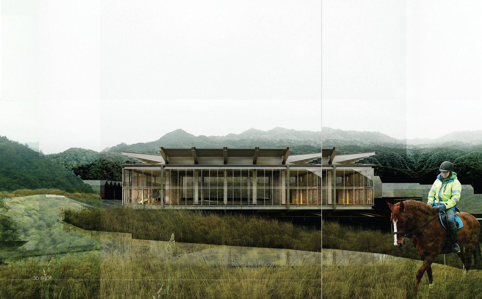 Olona River Theater rendering of a low glazed pavilion in a green landscape, with a horse and rider in the foreground.