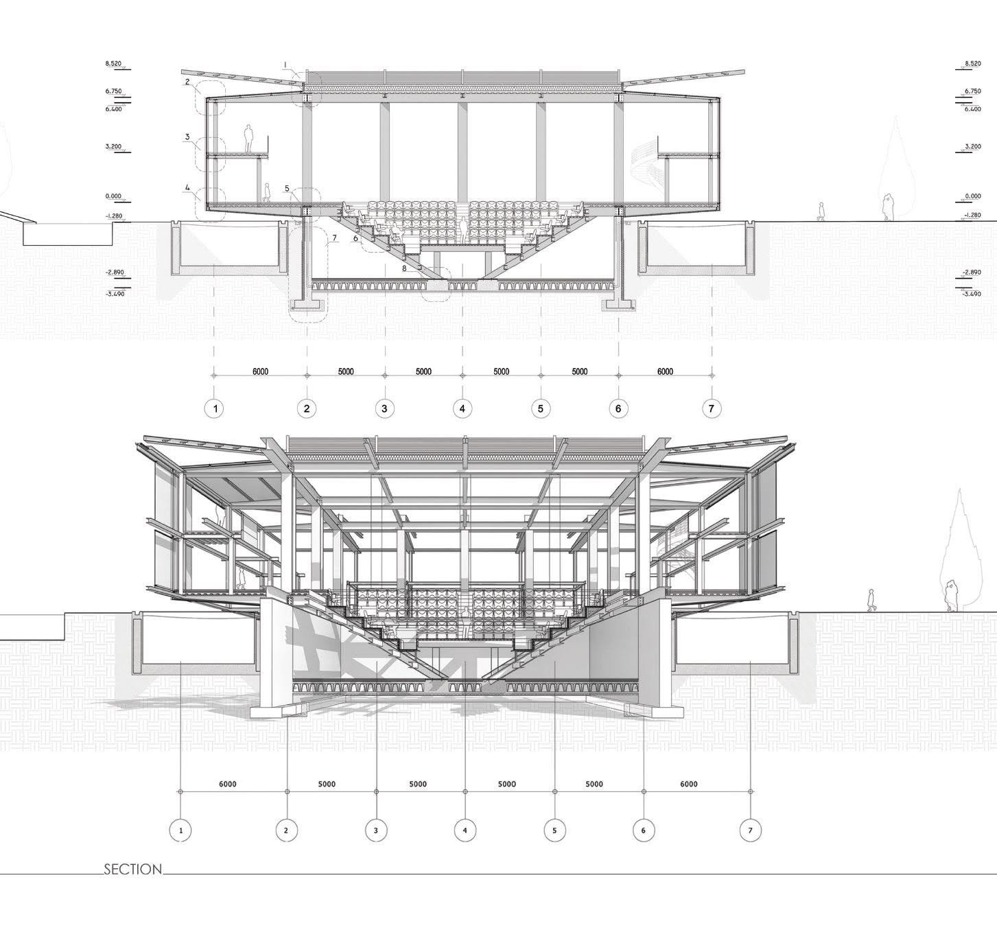 Olona River Theater section drawings showing roof structure, glazed enclosure, and a sunken seating auditorium.