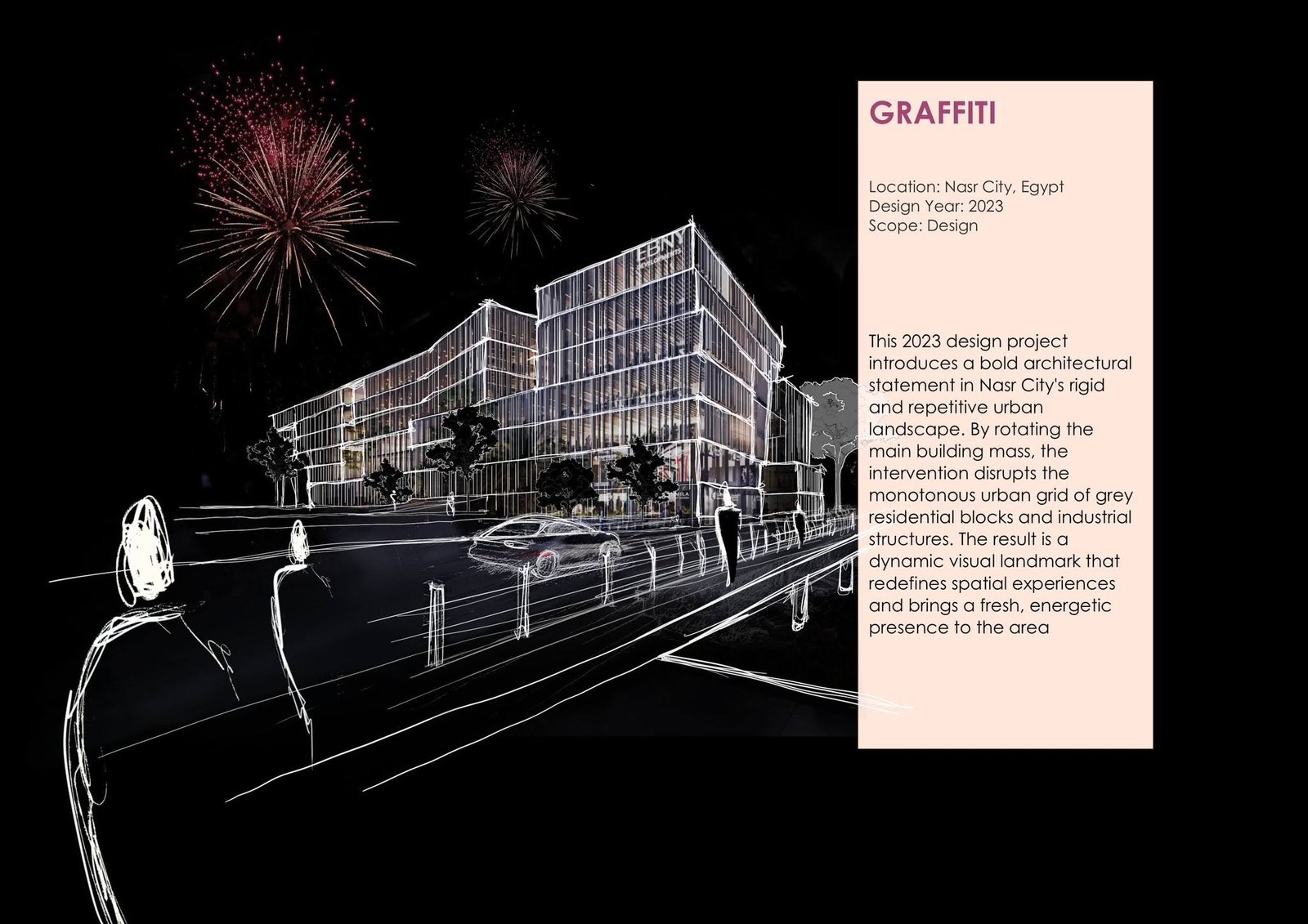 Graffiti presentation sheet with a nighttime architectural sketch, fireworks, and a text panel identifying Nasr City, Egypt, design year 2023.