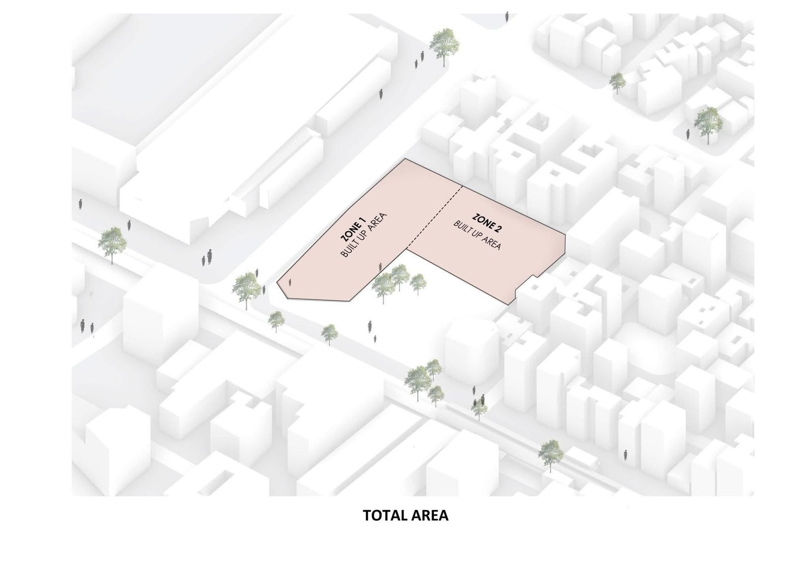 Dusk architectural rendering of Graffiti commercial and administrative centre with glazed stepped facades, vertical screens, street planting, and EBNY signage.