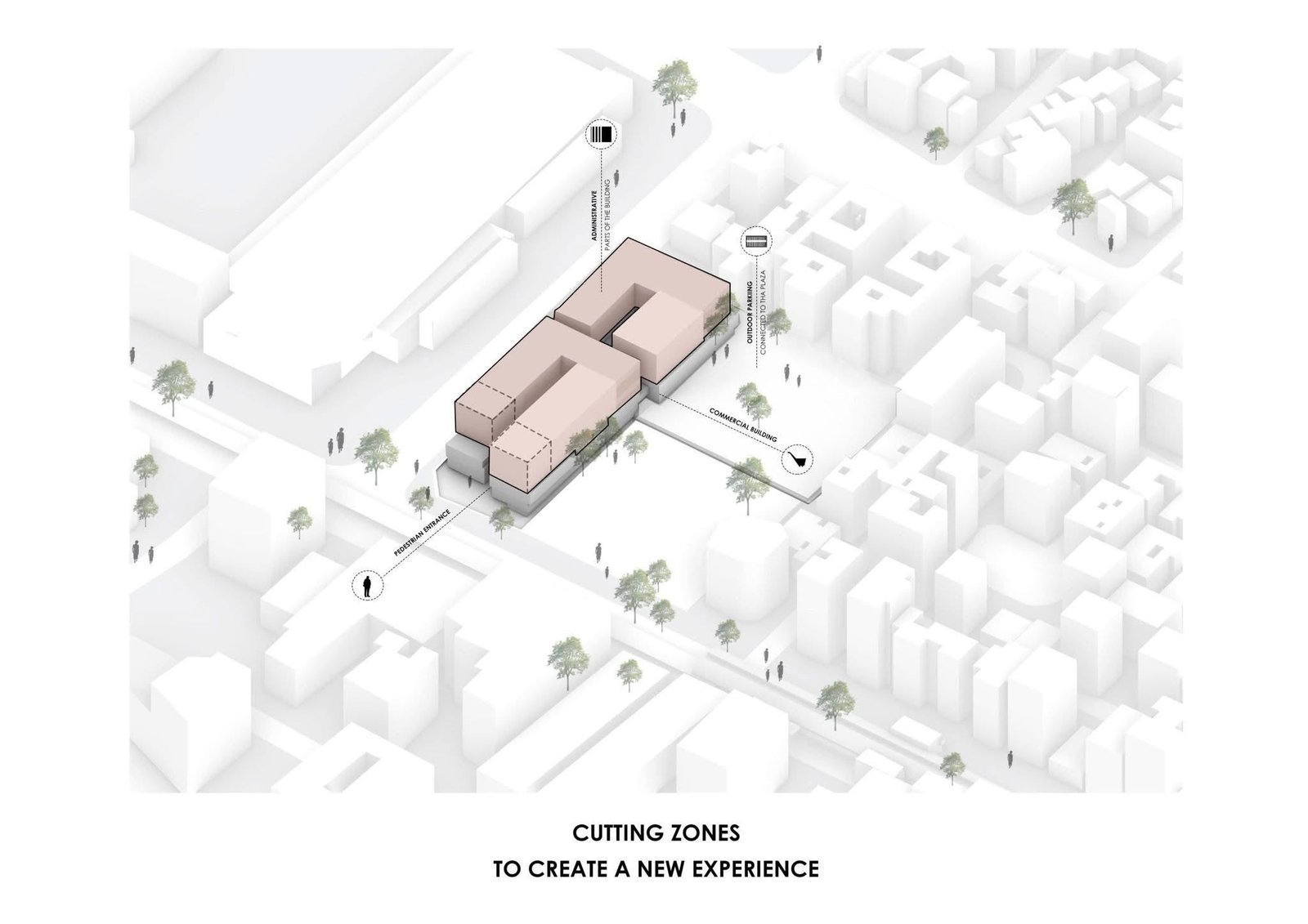 Graffiti massing diagram showing raised typical floor volumes above a commercial level in a white urban context.